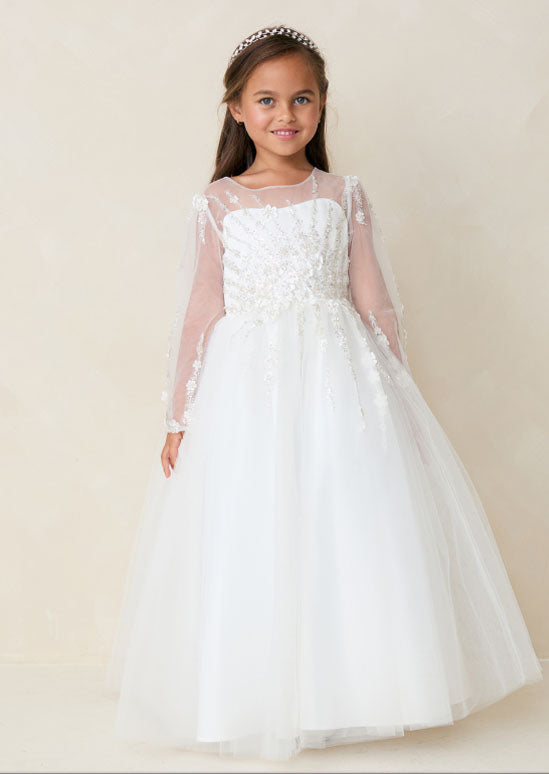Girls Long Sleeve White Flower Girl Gown with Beading on Bodice and Sleeve with Full Length Tulle Skirt