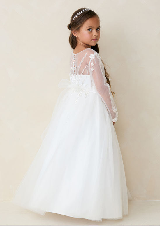 Toddler Long Sleeve White Gown with Beading on Bodice and Sleeve with Full Length Tulle Skirt
