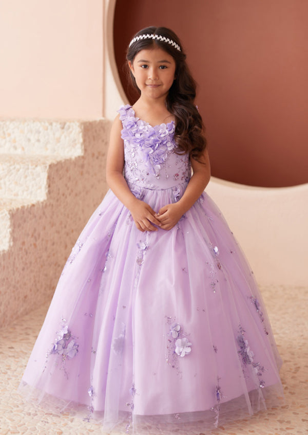 Mia Belle Lilac Flower Girl Gown  3D Floral Glitter Elegance