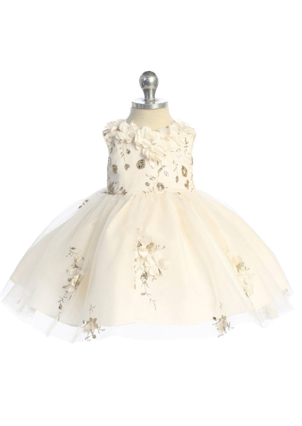 Mia Belle Champagne Dress  Floral Embellished Elegance