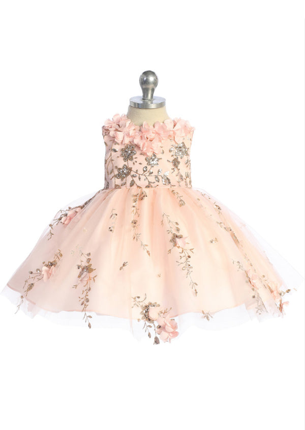 Mia Belle Blush Dress  3D Floral Glitter Elegance