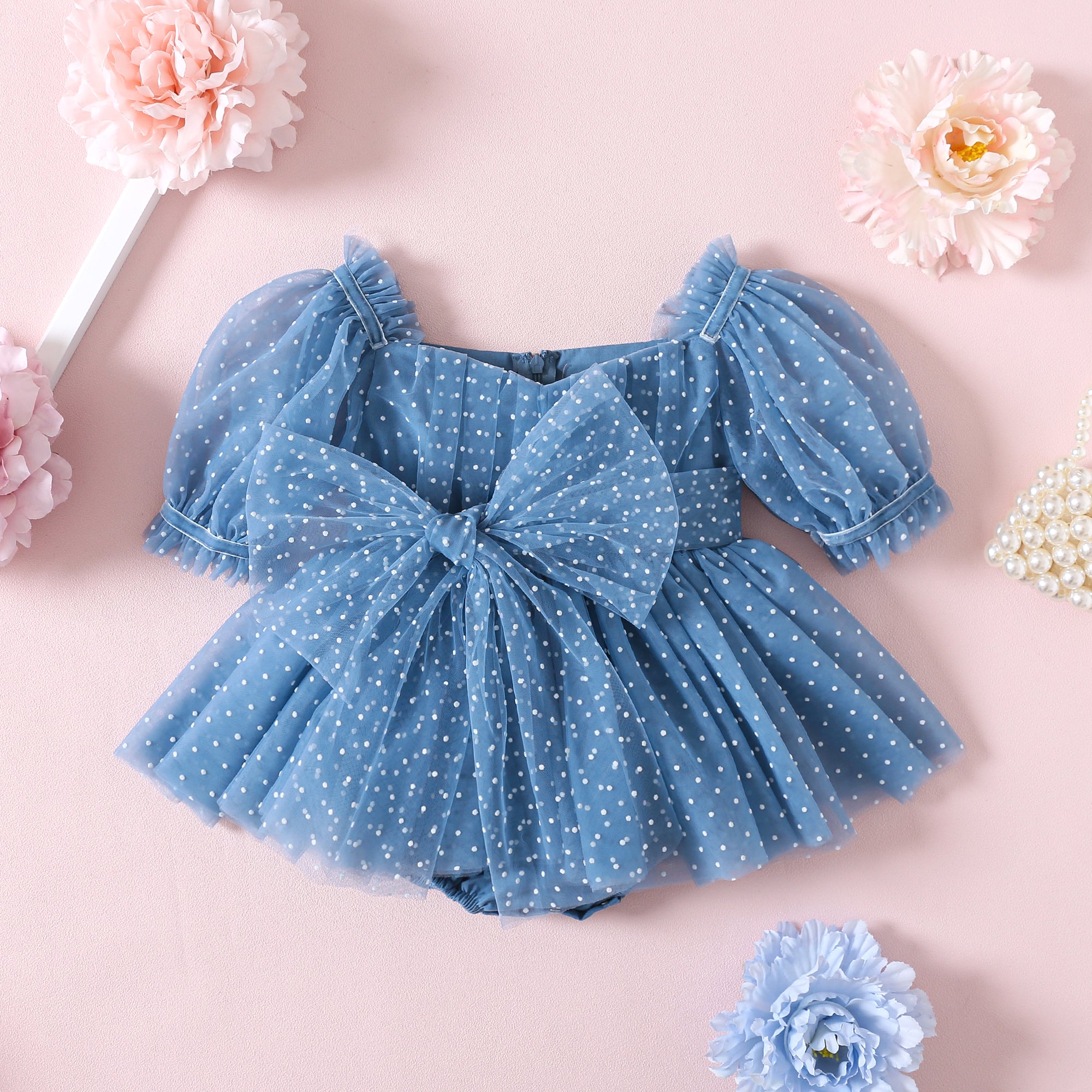 Blue Swiss Dot Baby Romper  First Birthday Outfit
