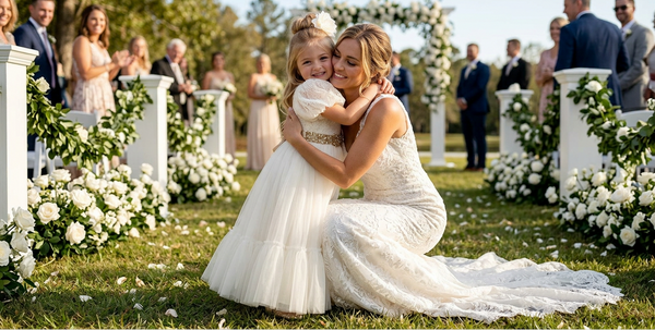 Real Wedding Pictures - Woman in a wedding dress hugging a young girl in a white dress at a wedding ceremony with floral decorations.
