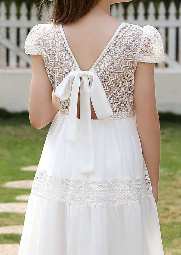 White Lace Summer Dress  Romantic Tie‑Back Maxi