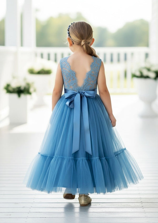 dusty blue lace back flower girl dresses