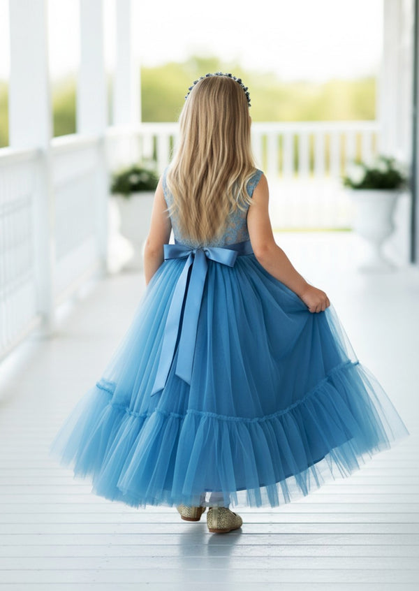 Dusty Blue Sleeveless Boho Flower Girl Dress Classic, Beach Weddings