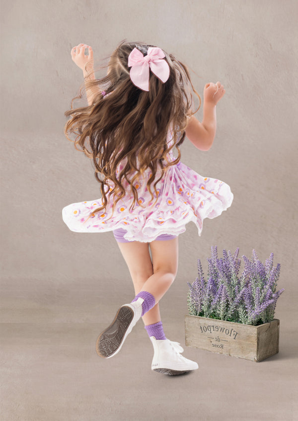 Toddler Girl Flowers and Hearts Twirl Dress in Pink and Lavender