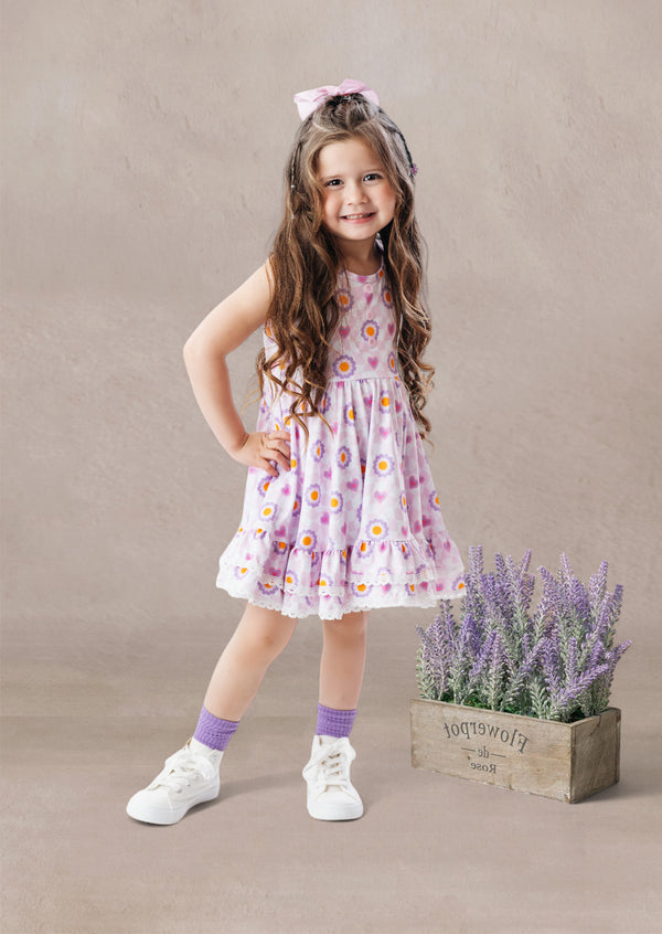 Toddler Girl Flowers and Hearts Twirl Dress in Pink and Lavender