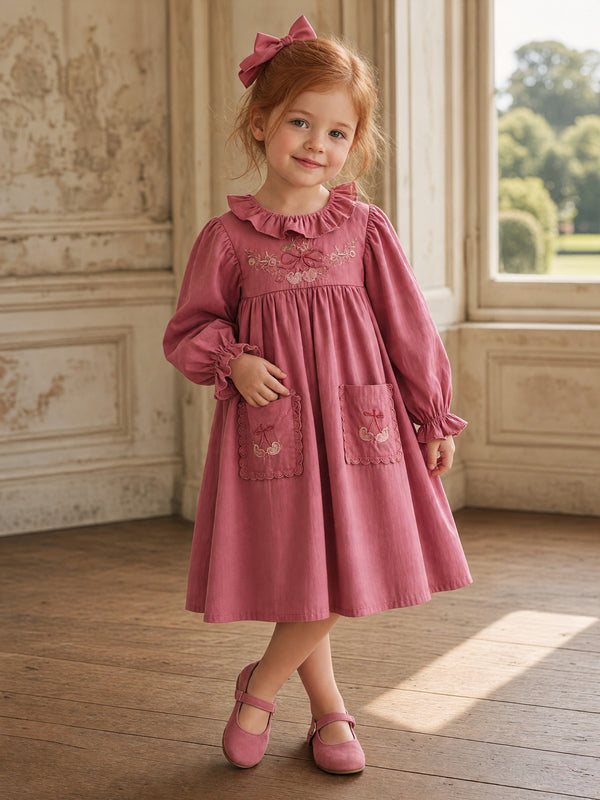 Angelique Embroidered Cotton Girls Dress in Pink | Girls Fall Dresses
