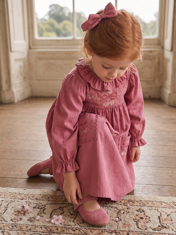Angelique Embroidered Cotton Girls Dress in Pink | Girls Fall Dresses