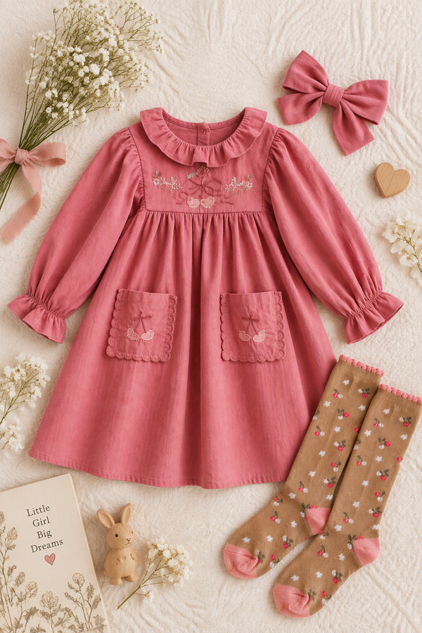 Angelique Embroidered Cotton Girls Dress in Pink