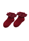 A pair of deep burgundy ankle socks with a ruffled trim at the top, displayed against a plain white background.