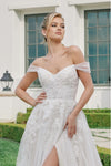 Off‑Shoulder A‑Line Bridal Gown with Slit | White & Nude Lace
