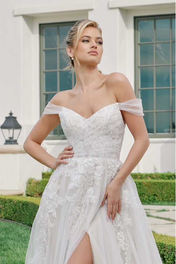 Off‑Shoulder A‑Line Bridal Gown with Slit | White & Nude Lace
