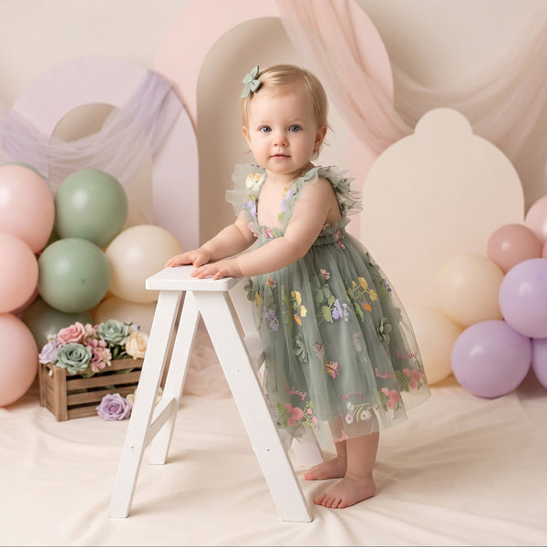 floral Applique Tutu Dress in Sage | Cake Smash Outfit Girl