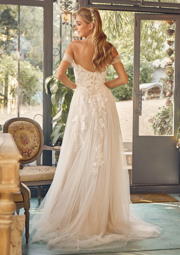 Off‑Shoulder A‑Line Bridal Gown with Slit | White & Nude Lace