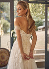 Off‑Shoulder A‑Line Bridal Gown with Slit | White & Nude Lace