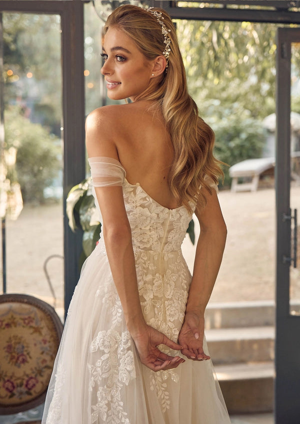 Off‑Shoulder A‑Line Bridal Gown with Slit | White & Nude Lace