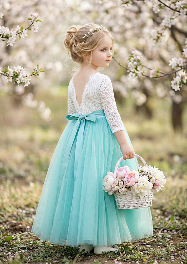 Aqua Tulle Flower Girl Dress Lace Sleeves & Feathered Back