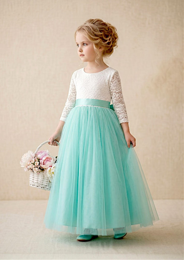 Aqua Long Sleeve Tulle & Lace Flower Girl Dress