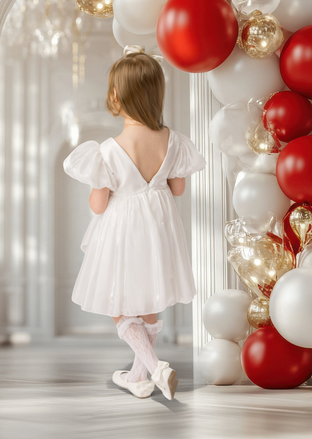 Girls’ first communion dress in white with cap sleeves and full skirt