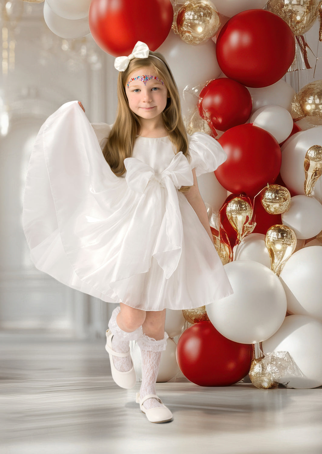 Little girl twirling in white Christmas dress with tulle skirt and sparkly accents