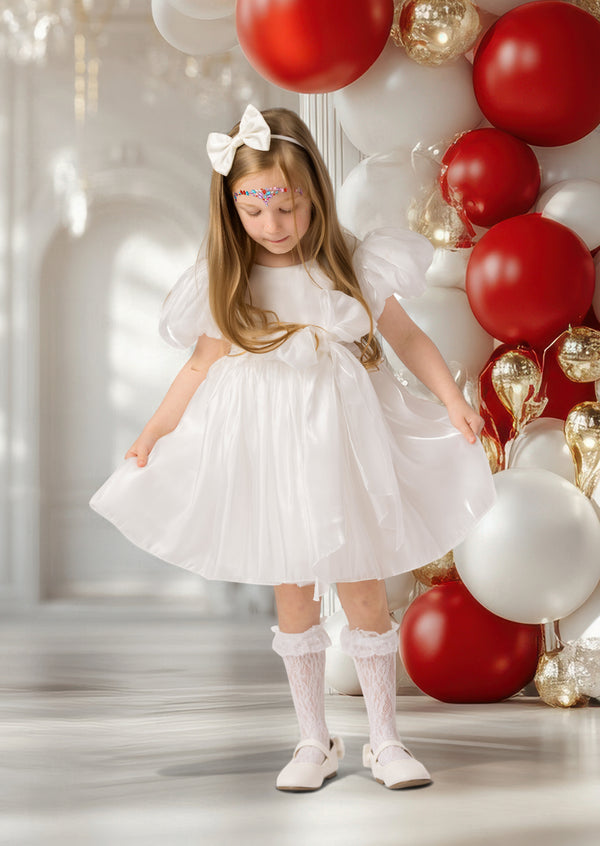 White formal dress for young girl with satin bodice and skirt