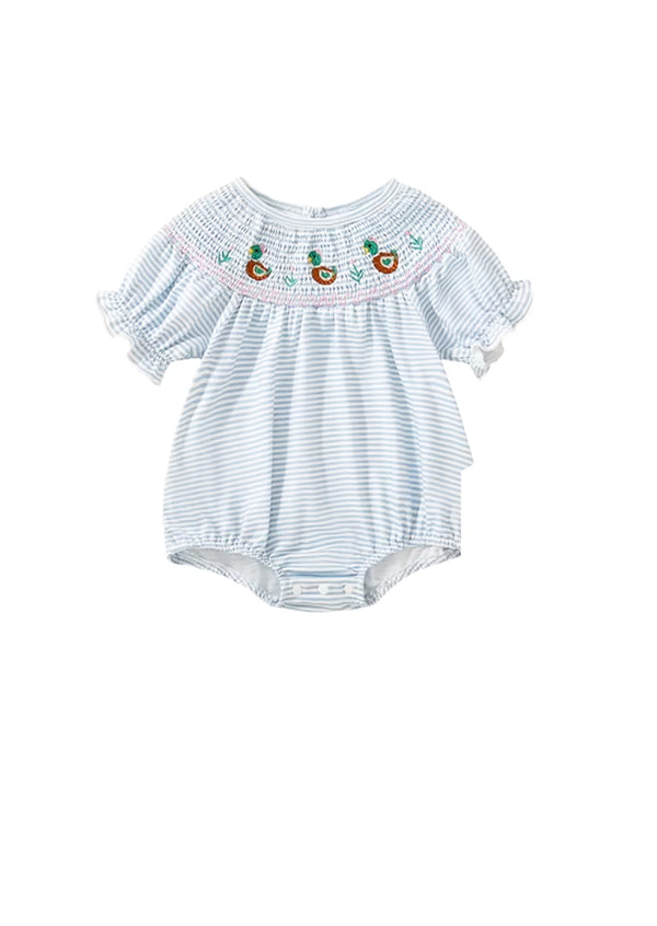 Baby Ducks Smocked Romper || Blue
