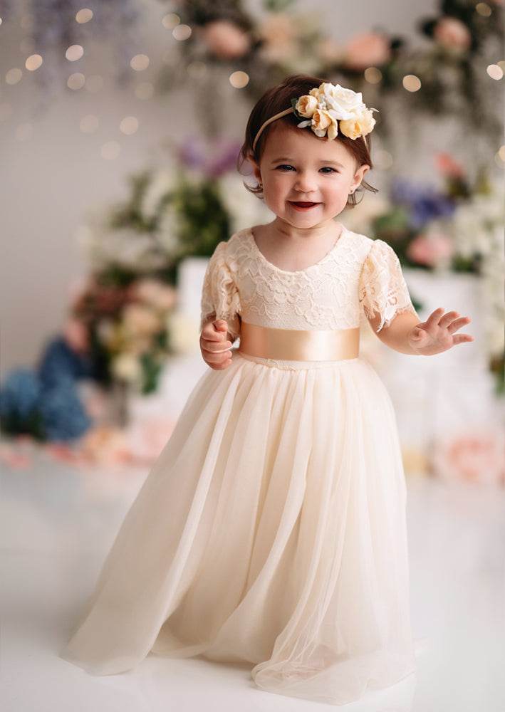 Ivory Baby Flower Girl Dress Boho Rustic Outfit for Cake Smash & Birthday