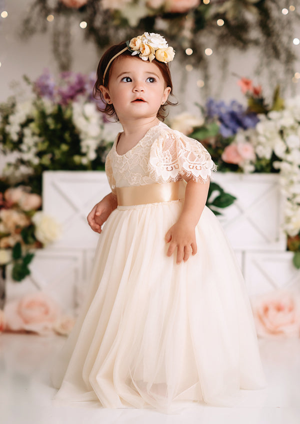 Ivory Baby Flower Girl Dress Boho Rustic Outfit for Cake Smash & Birthday