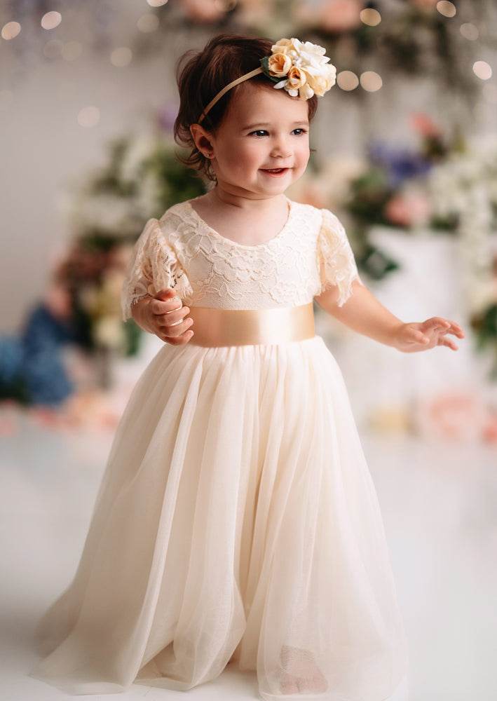 Ivory Baby Flower Girl Dress Boho Rustic Outfit for Cake Smash & Birthday