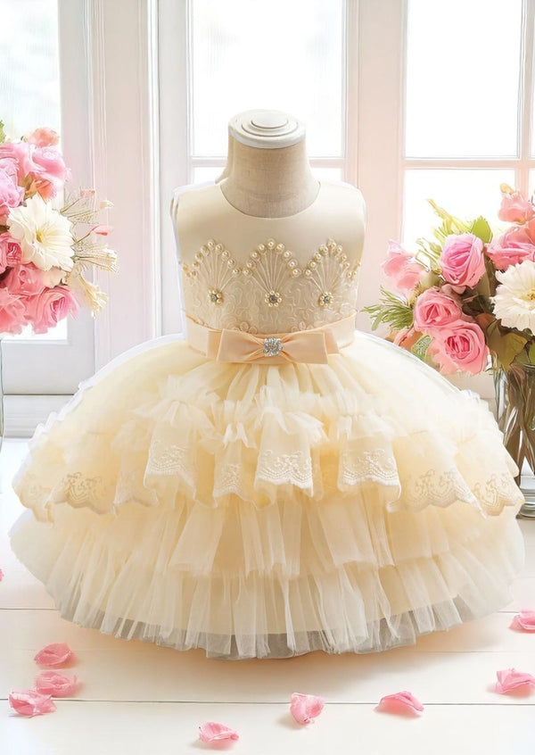 Toddler Girl Birthday Dress in Light Champagne Petti Ruffles & Lace