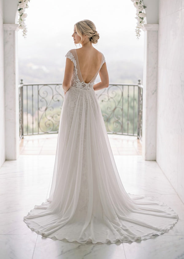 Beaded Cap Sleeve Bridal Overskirt Wedding Dress
Long Beaded Cap Sleeve Bridal 