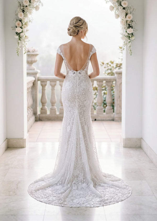 Beaded Cap Sleeve Bridal Overskirt Wedding Dress
Long Beaded Cap Sleeve Bridal 