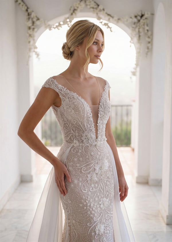 Beaded Cap Sleeve Bridal Overskirt Wedding Dress
Long Beaded Cap Sleeve Bridal 