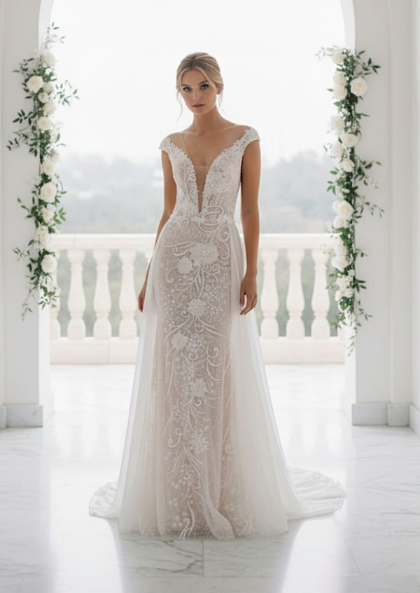 Beaded Cap Sleeve Bridal Overskirt Wedding Dress
Long Beaded Cap Sleeve Bridal 