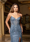 Dusty Blue Beaded Sheath Gown | Olivia Evening Dress