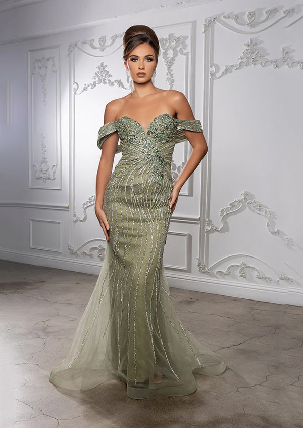 Sage Off-Shoulder Sweetheart Beaded Glitter Tulle Mermaid Prom Evening