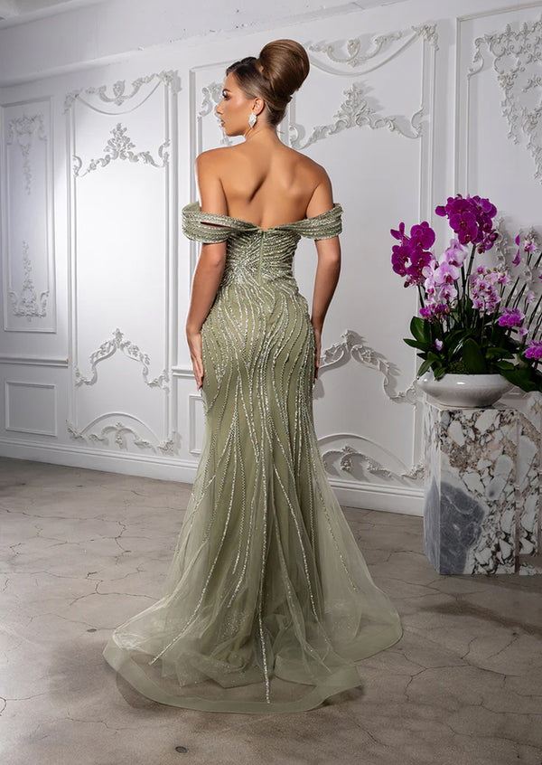 Sage Off-Shoulder Sweetheart Beaded Glitter Tulle Mermaid Prom Evening