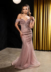 Rose Gold  Off-Shoulder Sweetheart Beaded Glitter Tulle Mermaid Prom Evening