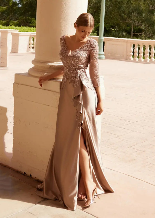 Stretch Satin Mother‑of‑the‑Bride Gown | Beaded Appliqué Bodice