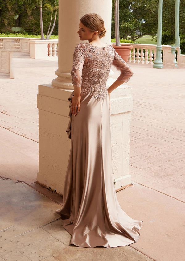 Stretch Satin Mother‑of‑the‑Bride Gown | Beaded Appliqué Bodice