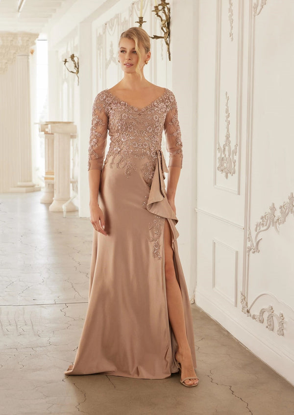 Stretch Satin Mother‑of‑the‑Bride Gown | Beaded Appliqué Bodice