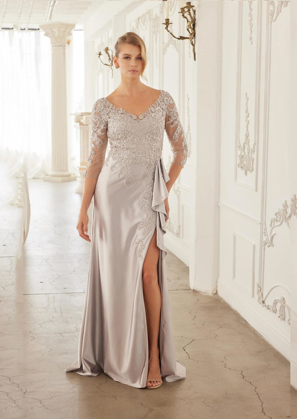 Silver Mother‑of‑the‑Bride Stretch Satin Gown | Beaded Appliqué Bodice