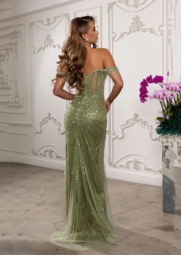 Off-Shoulder Sequin Beaded Sheath Gown