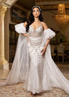 Nefatari White Beaded Sheath Wedding Gown with Cape
