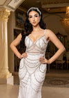 Nefatari White Beaded Sheath Wedding Gown with Cape