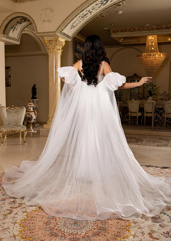 Nefatari White Beaded Sheath Wedding Gown with Cape