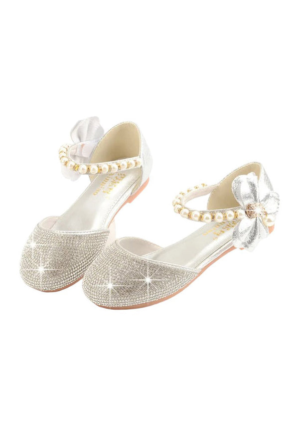 Crystal Rhinestone Beaded Strap Dress Flats - Silver