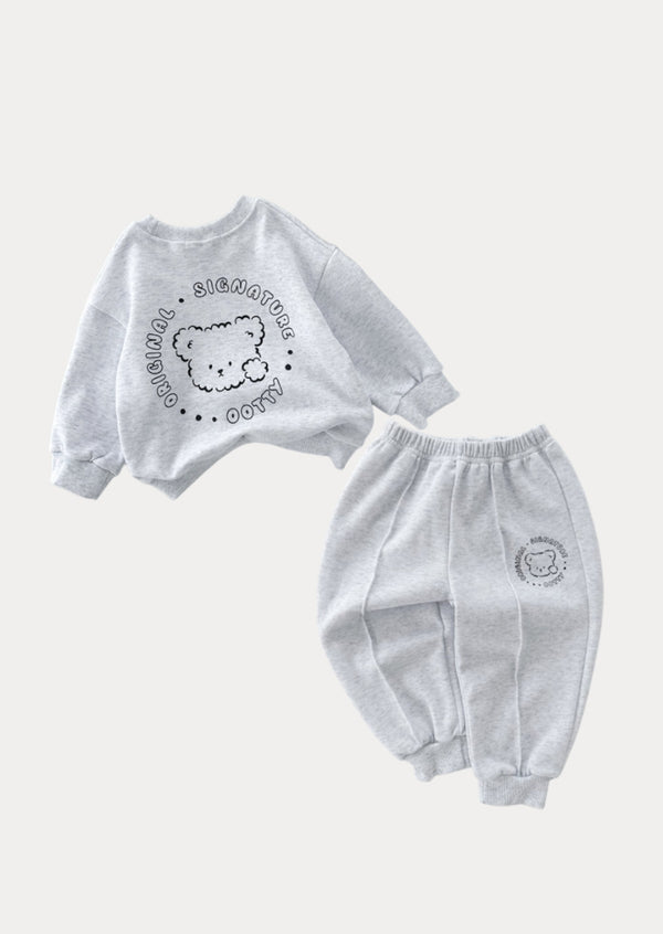 Bear Design Relaxed Jogger & Crew Set - Gray
